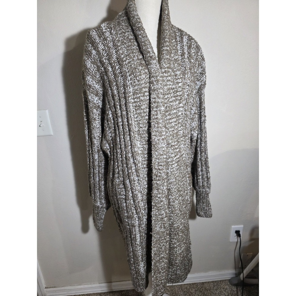Long Chunky Knit Cardigan Womens Med Beige Brown Open Front‎ Cozy Sweater Duster